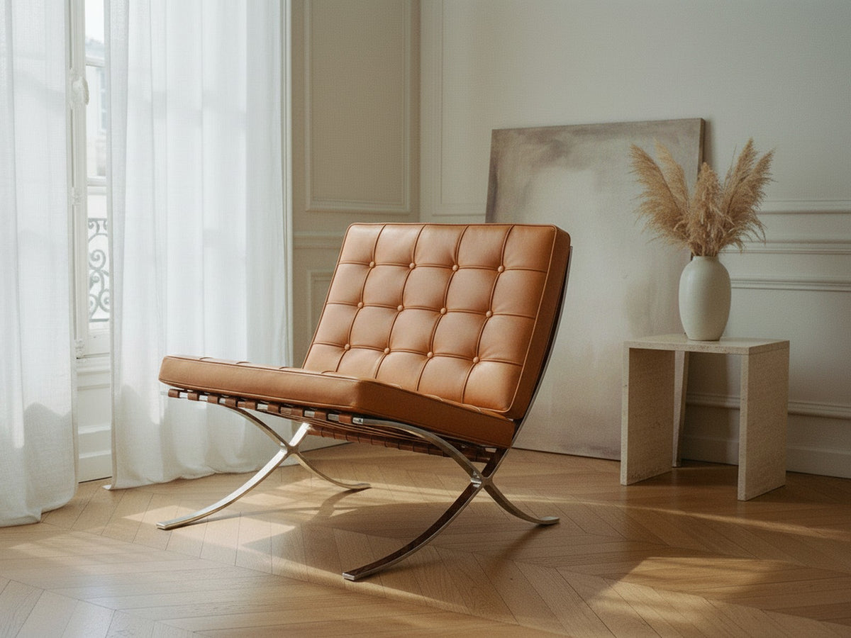 Fauteuil Capiton en cuir cognac dans un salon parisien